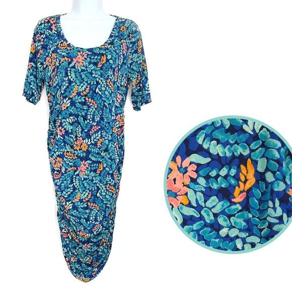 Motherhood Maternity Rushed Stretch Knit DRESS Midi Floral Blue Rayon Spandex M - Picture 1 of 12